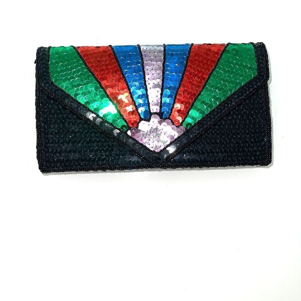 La Regale Ltd. Evening Shoulder Bag Vintage Handmade Multicolor Sequined Black